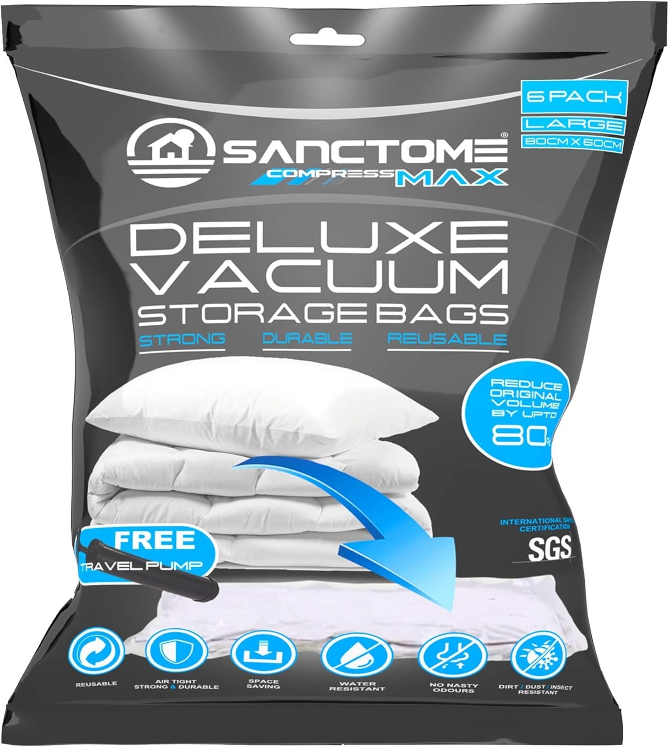 SANCTOME Deluxe Compression Max Reusable Airtight Vacuum Storage Bags With Hand Pump