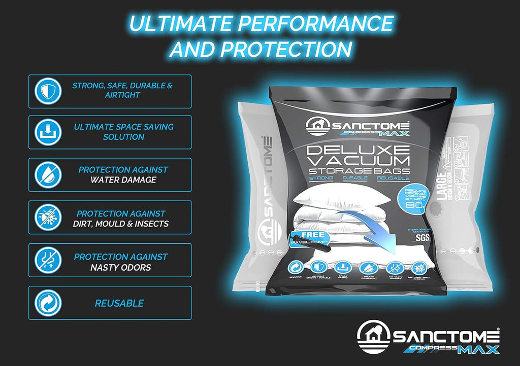 SANCTOME Deluxe Compression Max Reusable Airtight Vacuum Storage Bags With Hand Pump
